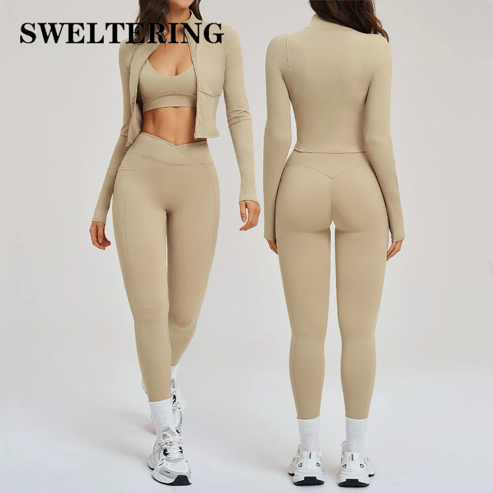 

3PCS Women Tracksuit Yoga Suit Fitness Set Gym Clothes Female Workout Long Sleeve High Waist Leggings Gym Yoga Set Sportswear