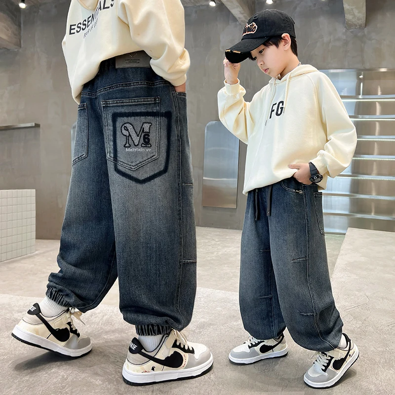 

Boys Jeans Ages 4-14Y Child Long Pants Tween Boy Denim Students Spring Autumn Pocket Embroidery Trousers Toddler Straight Jeans