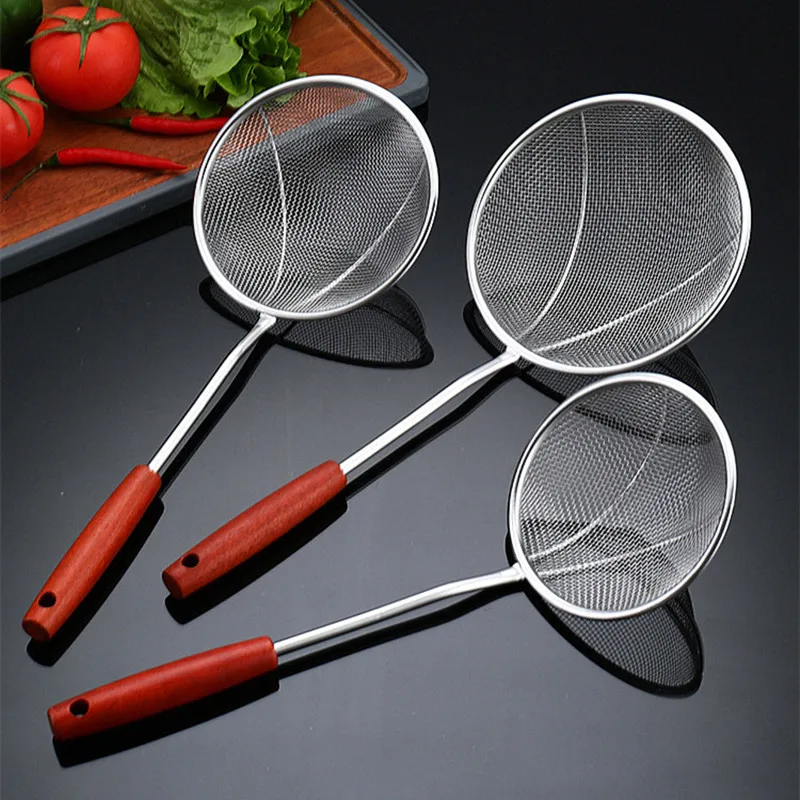 Stainless Steel Colander Skimmer with Long Wooden Household Pasta Noodle Hot Pot Oil Frying Filter Strainer Kitchen Accessories