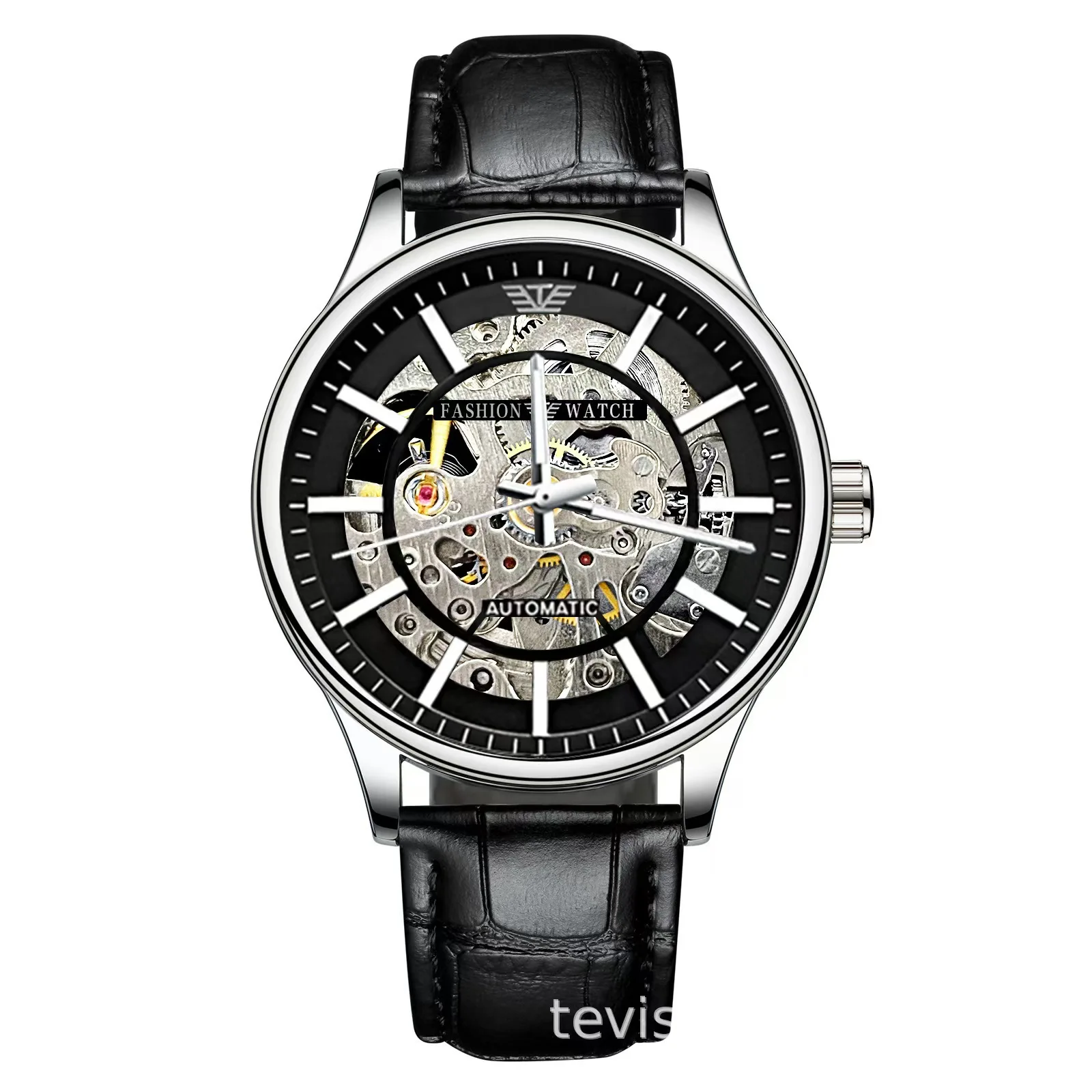 

TEVISE Automatic Mechanical Watch for Men Fashion Casual Watch Faux Leather Strap Luminous Hands Skeleton Watch