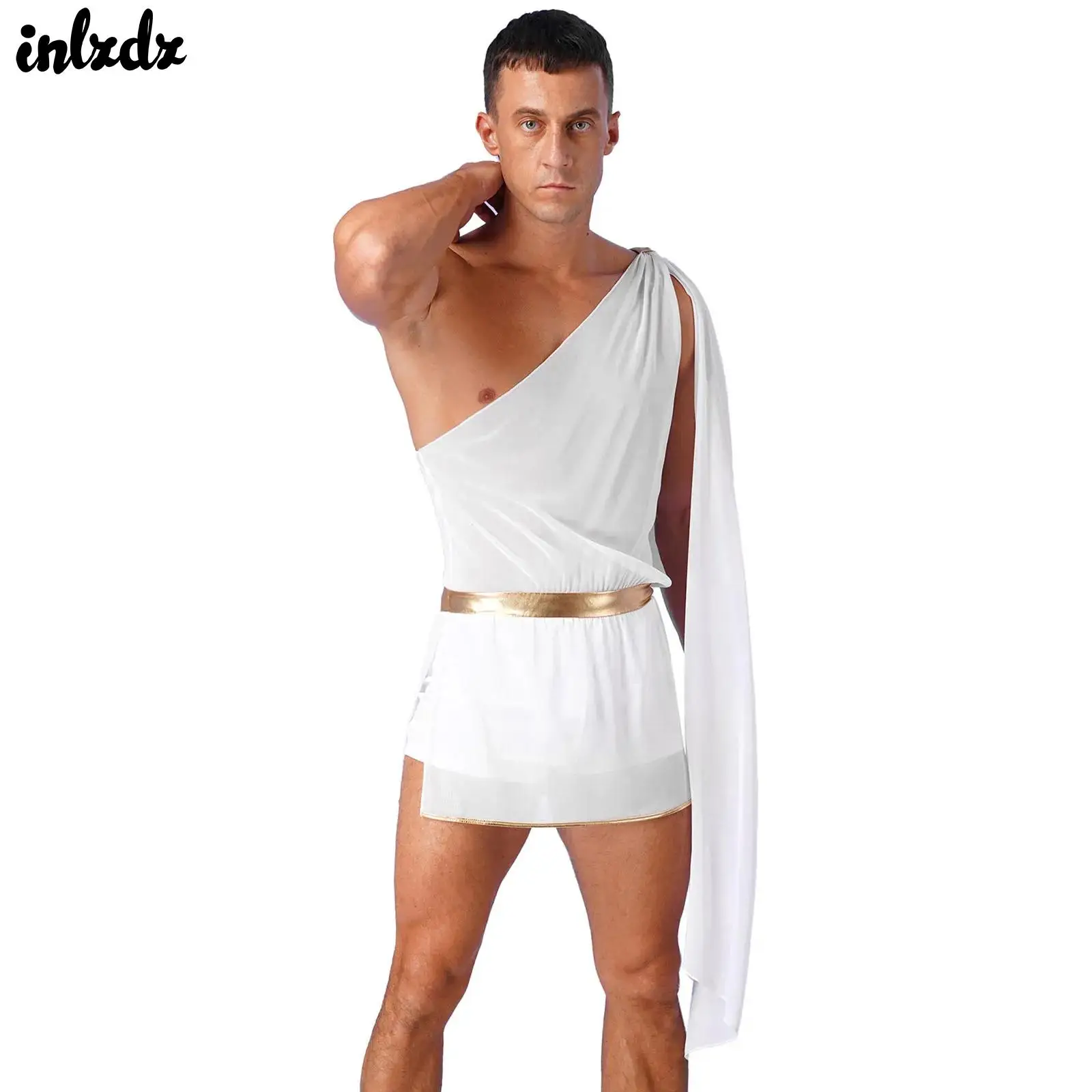 Mens Ancient Greek God Toga Gladiator Cosplay Costume Roma Tago Robe One Shoulder Shorts with Slit  Ruffle Skirt Dress Up