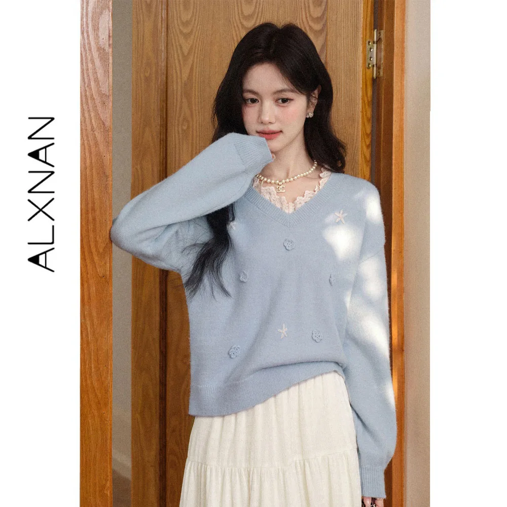 ALXNAN Blue Sweater Women Autumn New V-neck Elegant Long Sleeve Pullovers 2026 Casual Loose-fit Fashion Female Top L68066