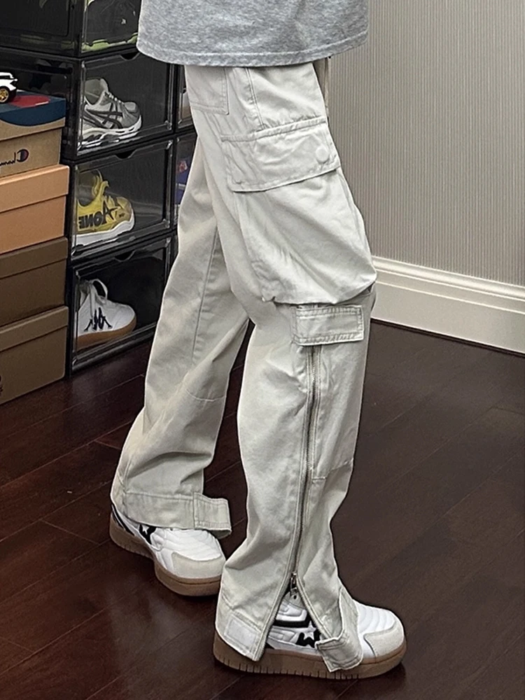 

Свободные повседневные мужские рабочие брюки на молнии в американском стиле, осенний дизайн, прямые брюки с ножом