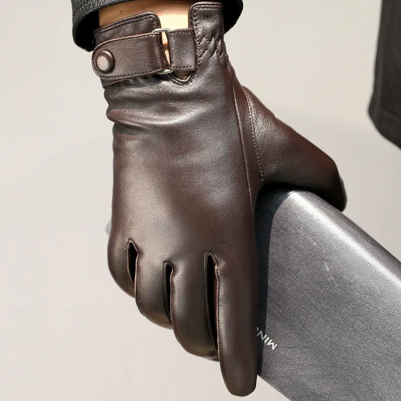 Guantes de cuero de oveja para hombre, Manoplas de alta calidad para mantener el calor, pantalla táctil, a prueba de viento, para conducir, moto, ciclismo, negocios, Invierno