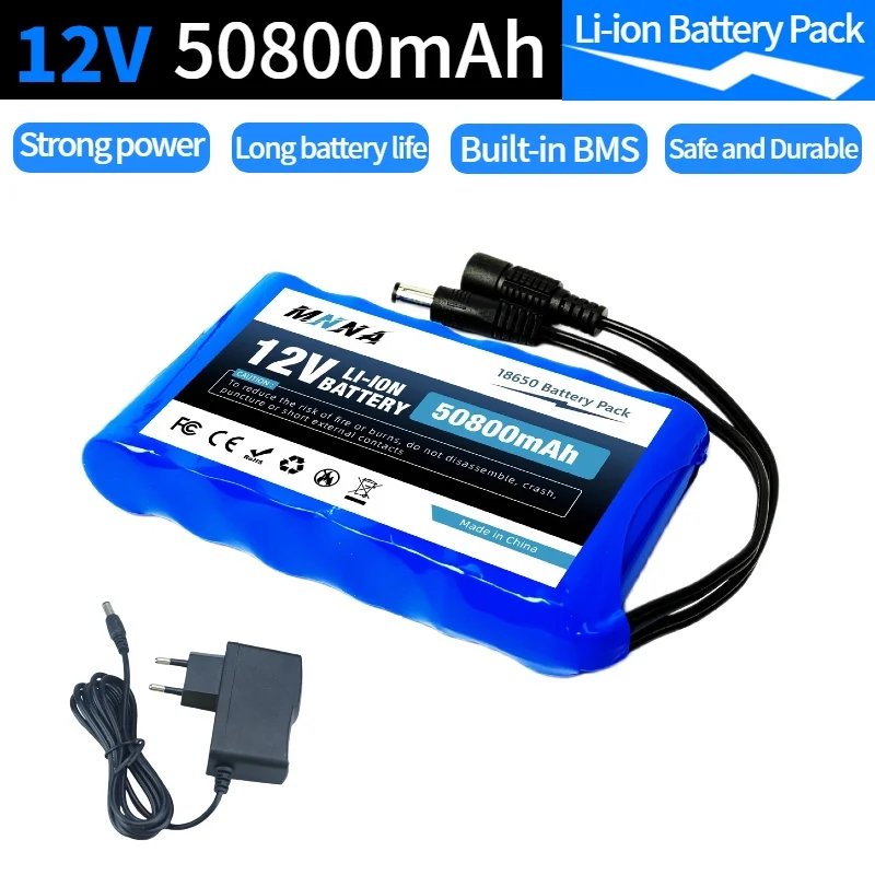 

High-Capacity Battery 12V 50.8Ah Li-ion Battery - Portable Power Source for CCTV Systems, Monitors & More Built-in BMS + Charger