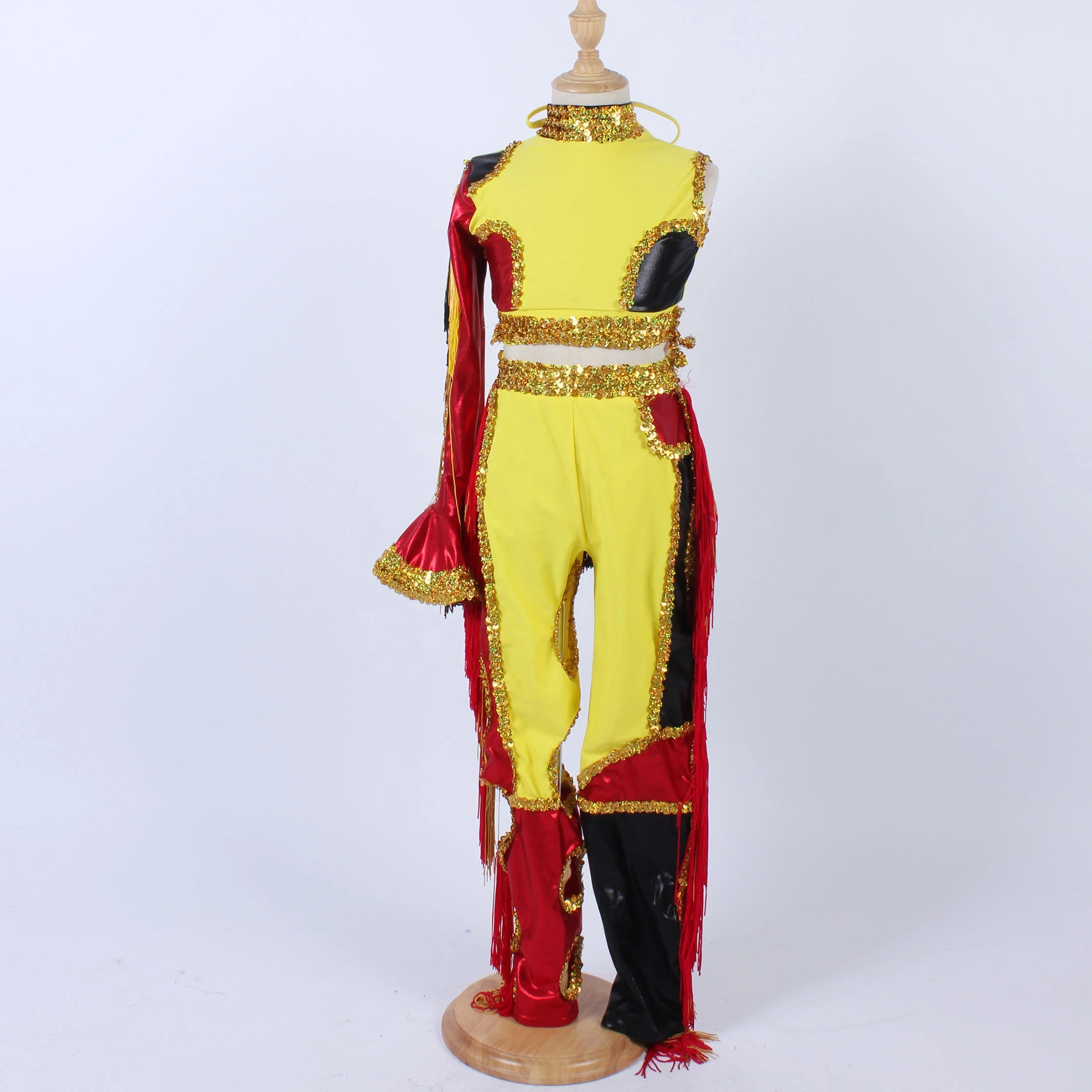 

Shiny red black foil dance leotard two piece tassel jazz dance wear gold sequin acrobatic performance stage wear