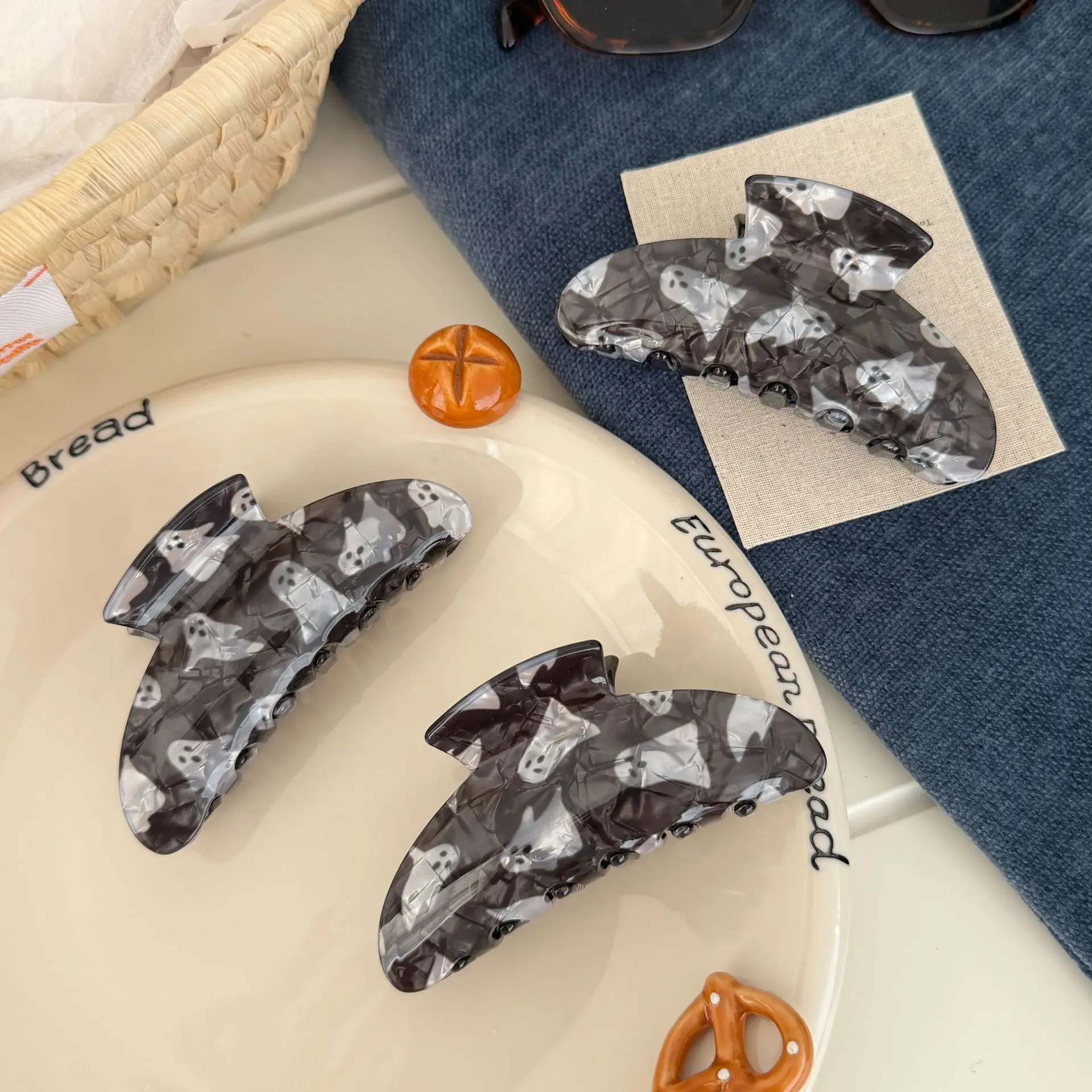 Ghost Shaped Acetate Hair Claw Back of Head Bun Eccentric Lightweight Non Slip for Women Daily Wear Unique Black
