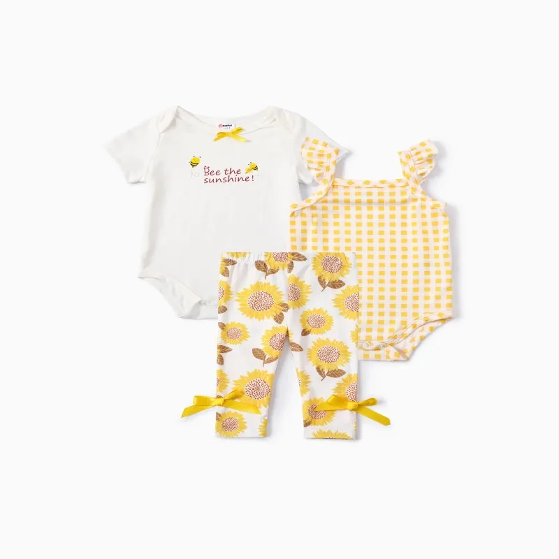 

PatPat Baby Girl 3pcs Sweet Sunflower Grid Print Romper and Leggings Set