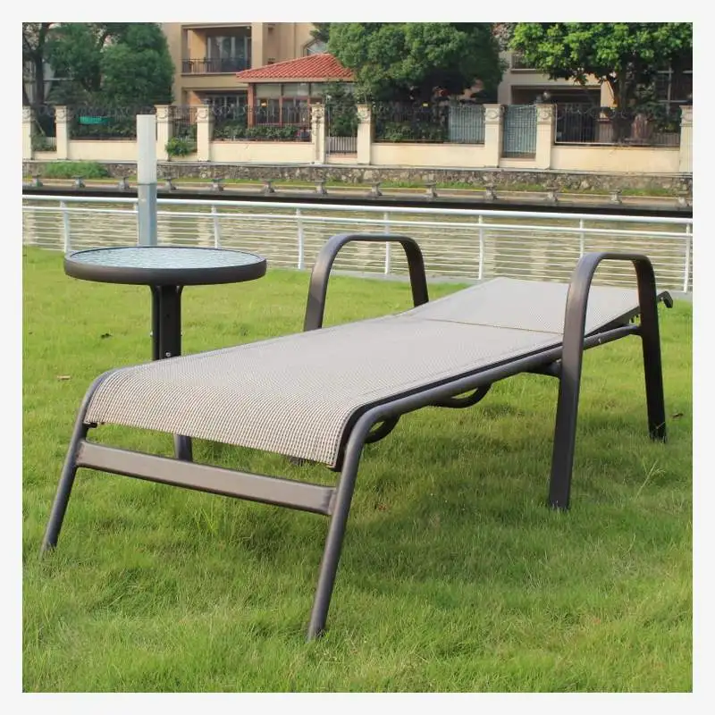 Outdoor waterproof lounge chair hotel pool lounge bed beach chair teslin mesh lounger aluminum alloy reclining