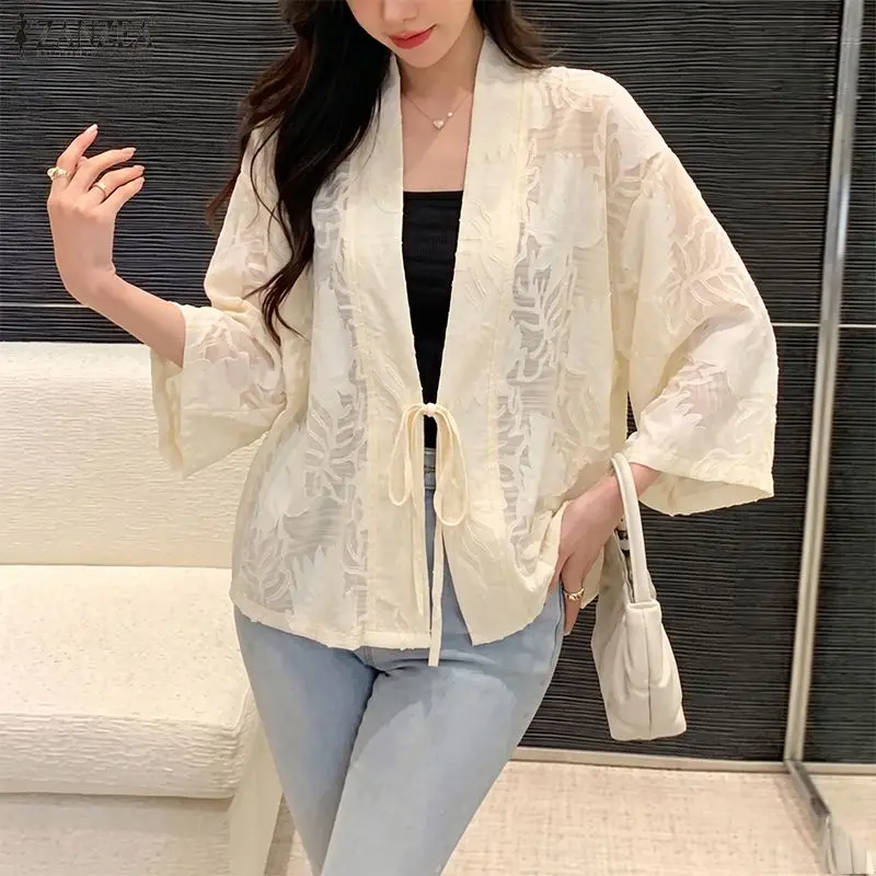 ZANZEA Cárdigan con textura floral y puntos para mujer, cárdigan con frente abierto, cuello en V, mangas largas, kimonos con cordones, ropa de playa para vacaciones de verano