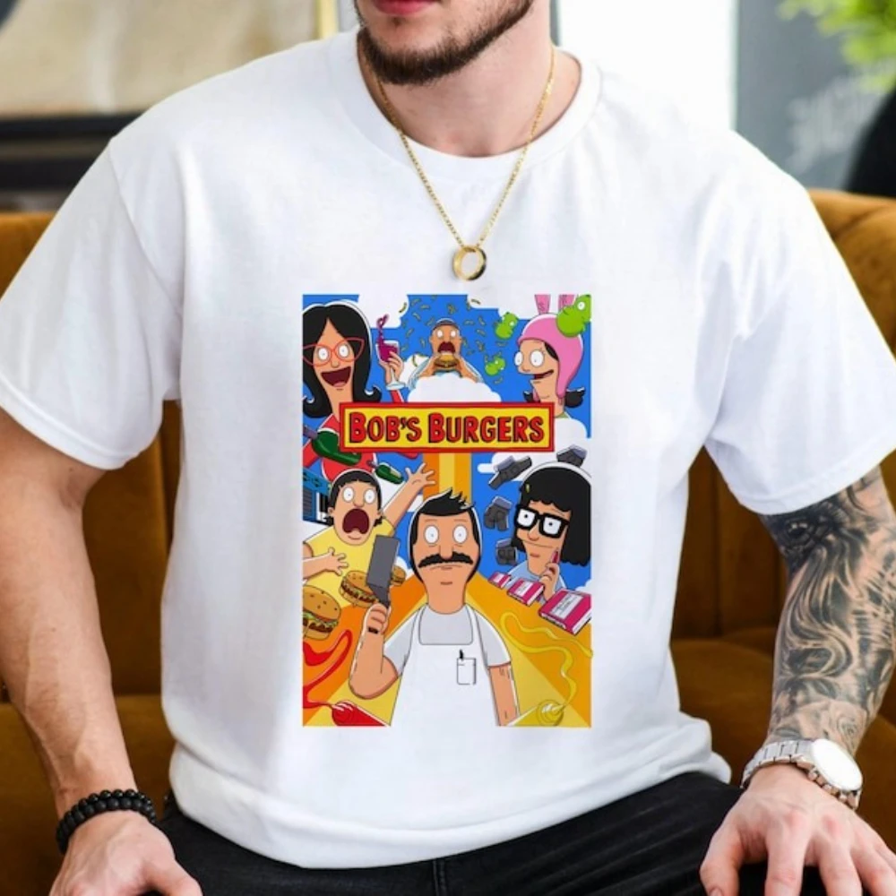 Retro Cartoon Man Printed T-shirt Bob's Burgers Tina Louise Gene Linda Bob Belcher Teddy Cotton Tshirts Casual O-neck Tops Tees