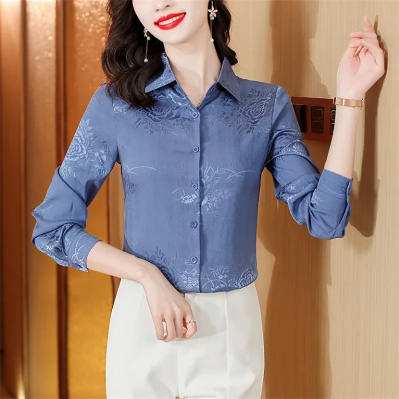 

Fashion Satin Shirt Women Blouses Jacquard Shirt for Women's Cardigan Tops High End Lady Shirt OL Basic Button Up Female Blouse