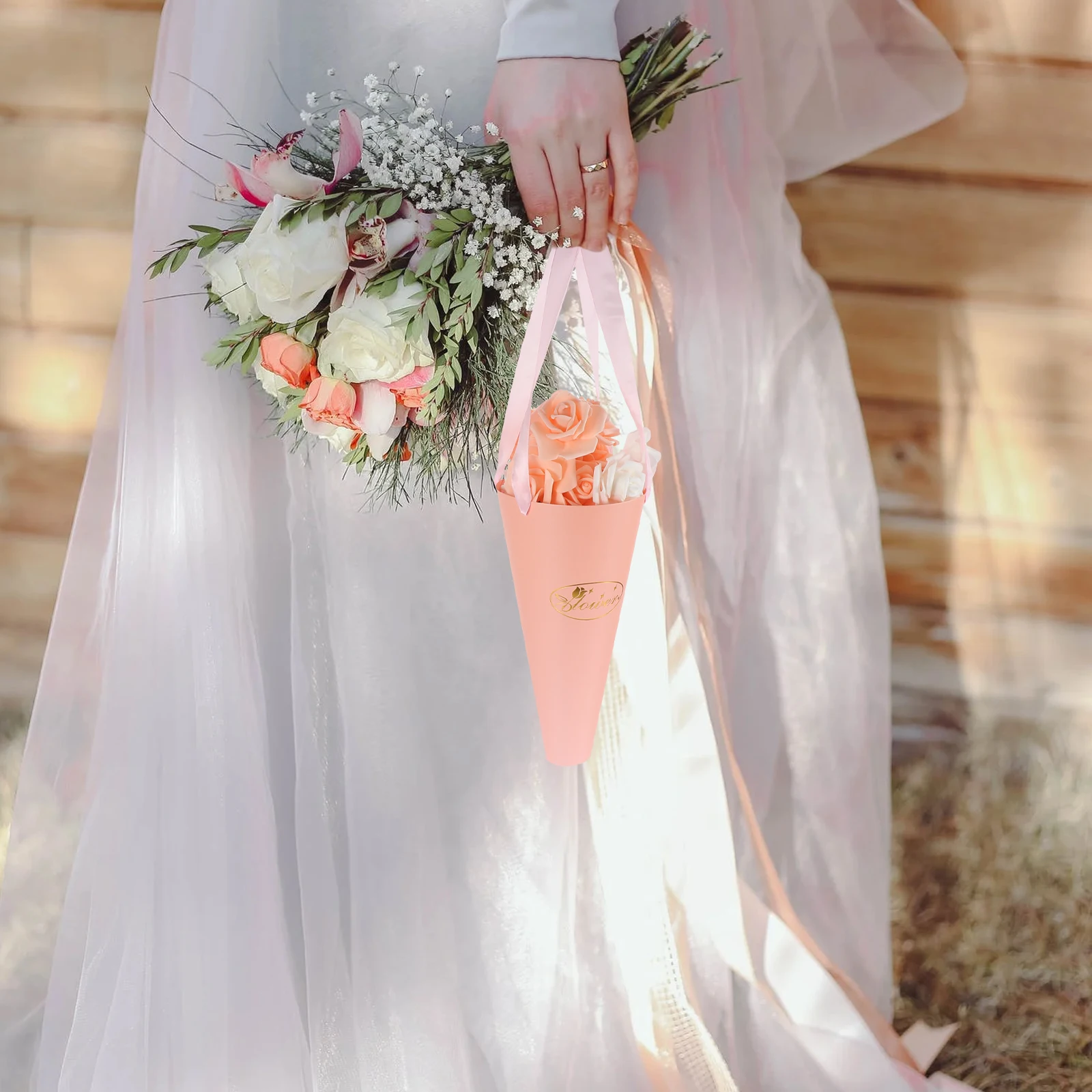 

6pcs Flower Bucket Packaging Bags For Bouquet Simple Paper Bag Handles Portable Folding Florist Gift Packing Materials