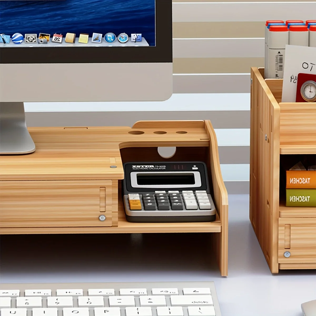 Wood Monitor Stand with Lockable Drawer, Desk Organizer with Pen & Phone Holder