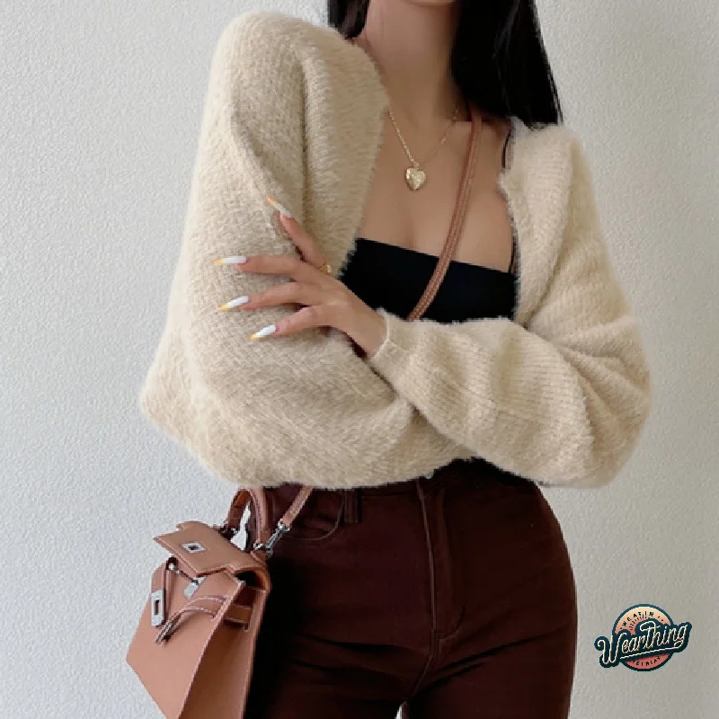 

Plush Knitted Cardigan Lantern Sleeve Women Cardigan Sweater Open Front Cropped Sweaters Knitwear Spring & Fall Women's Clothing