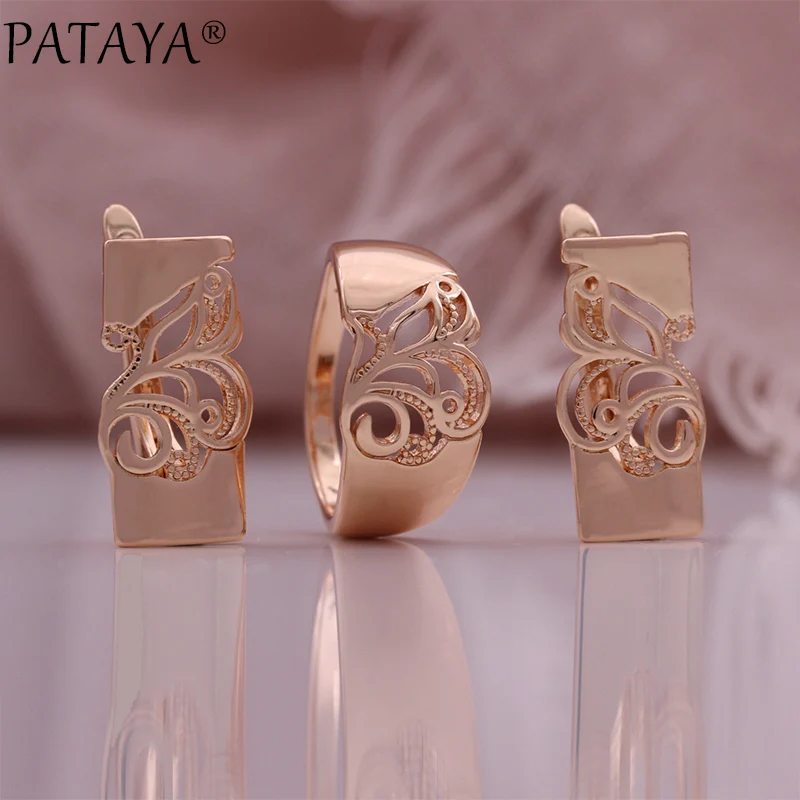 PATAYA New Hollow Sets 585 Rose Gold Color Earrings Ring Set Women Fashion Geometric Gift Party Fine Daily Jewelry