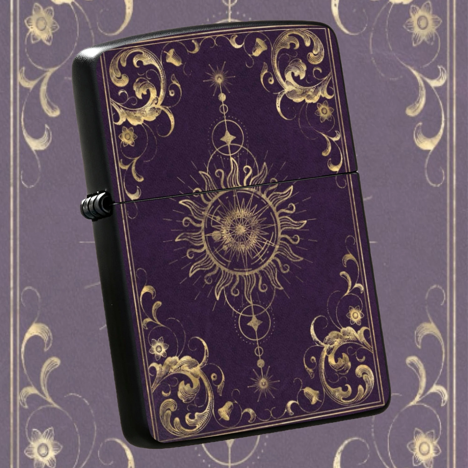 Vintage Tarot Style Lighter Deep Purple Gold Celestial Sun Moon Star Pattern Elegant Baroque Scrollwork PORTABLE Lighter Mystical Astrology Themed Exquisite Collectible Igniter Gift for Men Tarot Lovers A Fun and Humorous Lighter