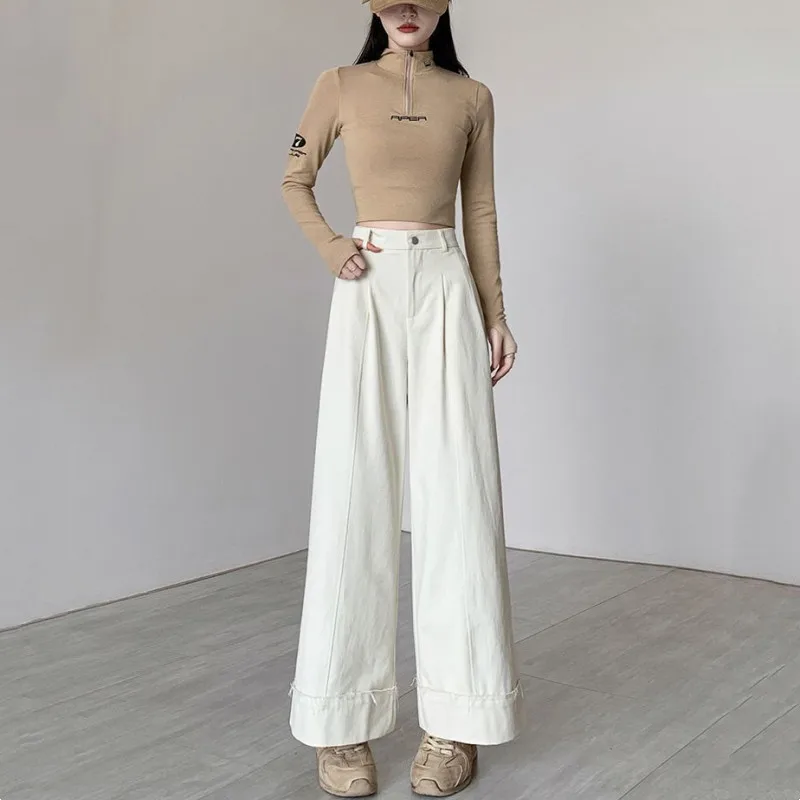 Wash water pure cotton wide leg pants autumn Korean version new high waisted slim fit loose straight leg casual pants