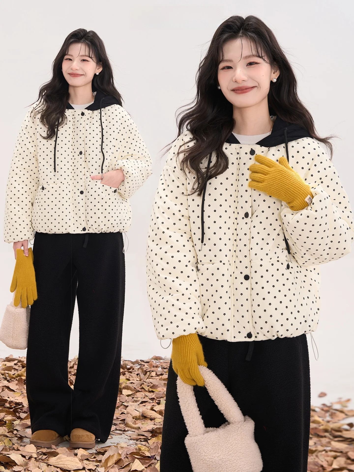 

Heme Fall Winter Floral Print Hooded Cotton Jaet Women's Warmth Color Blo Coat Simple Commute Sle Long Sve Loose Fit