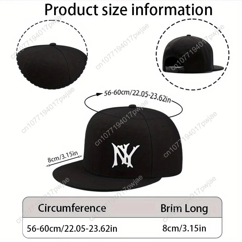 Boné de beisebol snapback ajustável de 1 unidade – Chapéu estampado NY com aba plana, tecido respirável para homens e mulheres, tamanho único, ajuste para todos os ajustáveis