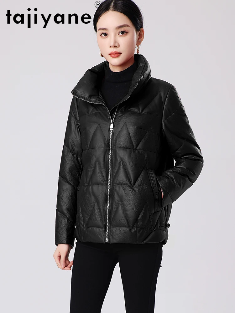 TAJIYANE 100% سترة منتفخة من جلد الغنم للنساء قسط قصير الأبيض بطة أسفل معاطف سترات من الجلد الطبيعي 2025 ملابس امرأة 신상АКю터