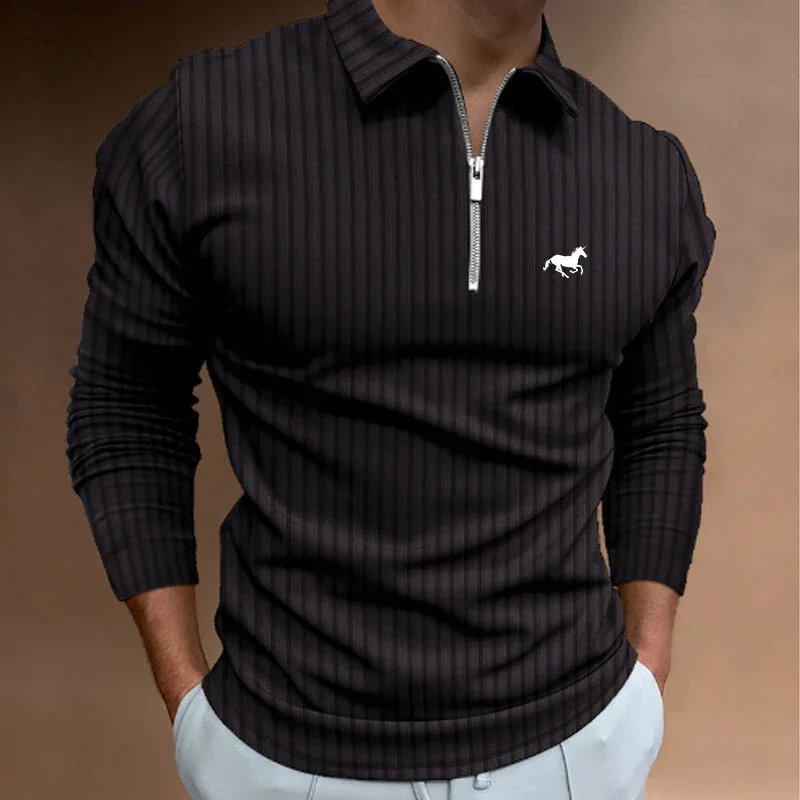 Men's Long-Sleeved Striped Zipper Lapel Polo Shirt Casual Business Top for Spring And Autumn New