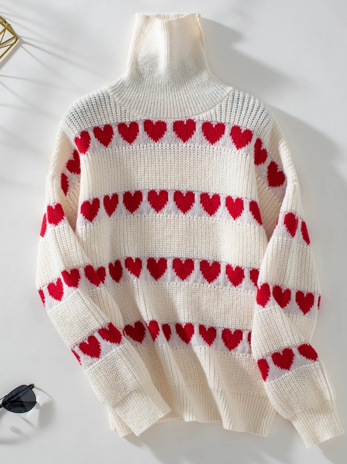 Sweater Woman Trend 2024 Flip Collar Heart-Shaped Pullover Casual Fashion Long Sleeved Knitted Sweater Top for Women