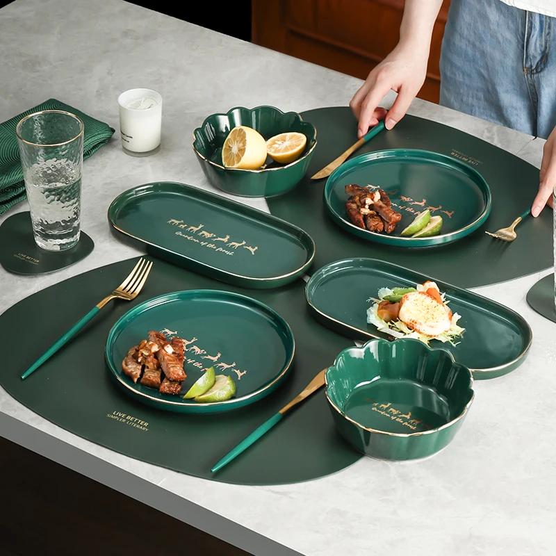 Nordic Green Dinner Plates Home Western Porcelain Modern Dinner Plates Fashion Unique Pratos De Jantar Eating Utensils 