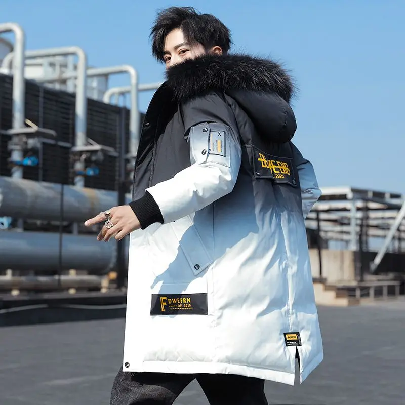 Man Winter Gradient Korean Version Trend Jacket Teenager Hooded Mid Length Tide Brand White Duck Down Coat High Quality Cashmere