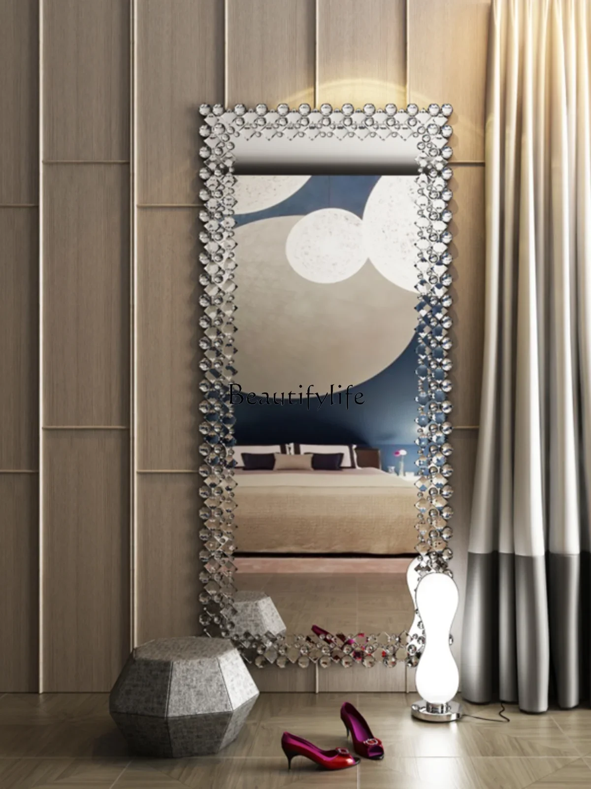 

Light French girls room dressing fitting mirror clothing store high-end light luxury wall-mounted large mirror