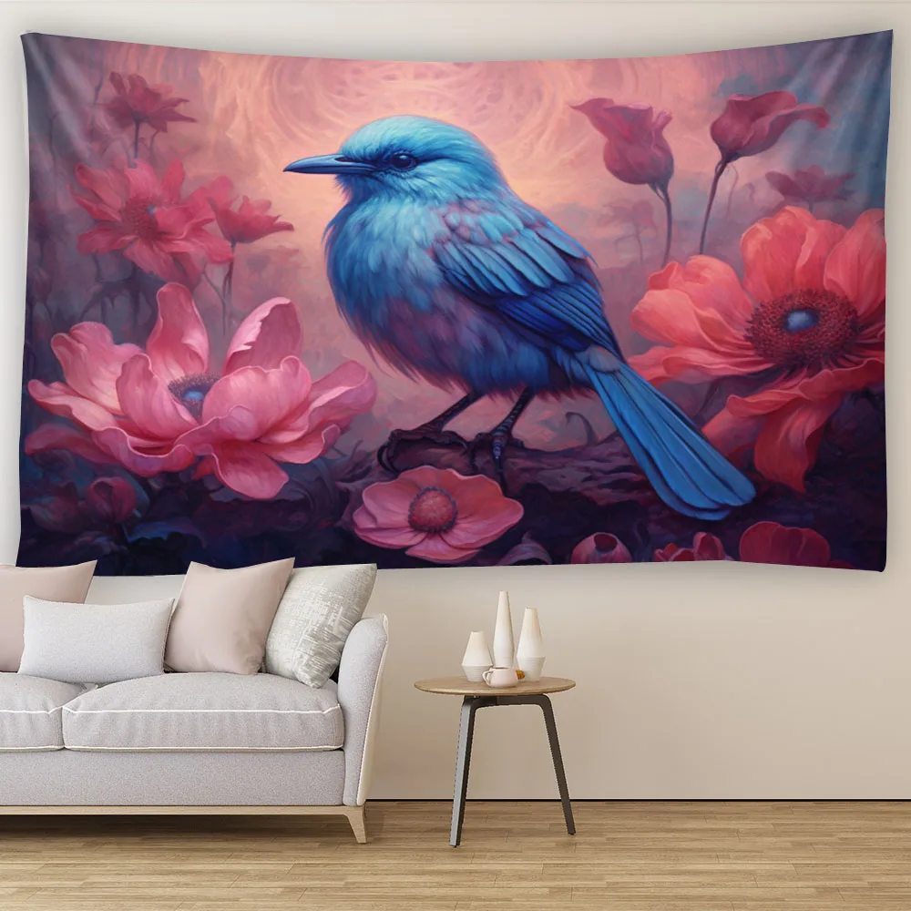 

Romantic flower and bird themed wall hanging cloth warm and peaceful bedroom living room art tapestry home aesthetic decoration