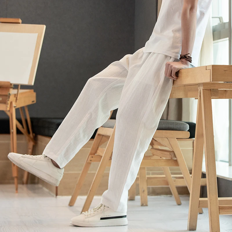 

Летние тонкие хлопковые льняные свободные спортивные брюки прямого кроя для мужчин, повседневные легкие струящиеся брюки длиной 7/8