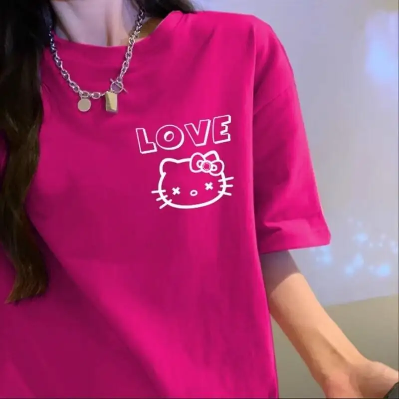 

Женская футболка Sanrio Hello Kitty, летняя модная футболка из чистого хлопка с короткими рукавами, универсальная, в гонконгском стиле, с круглым вырезом, средней длины