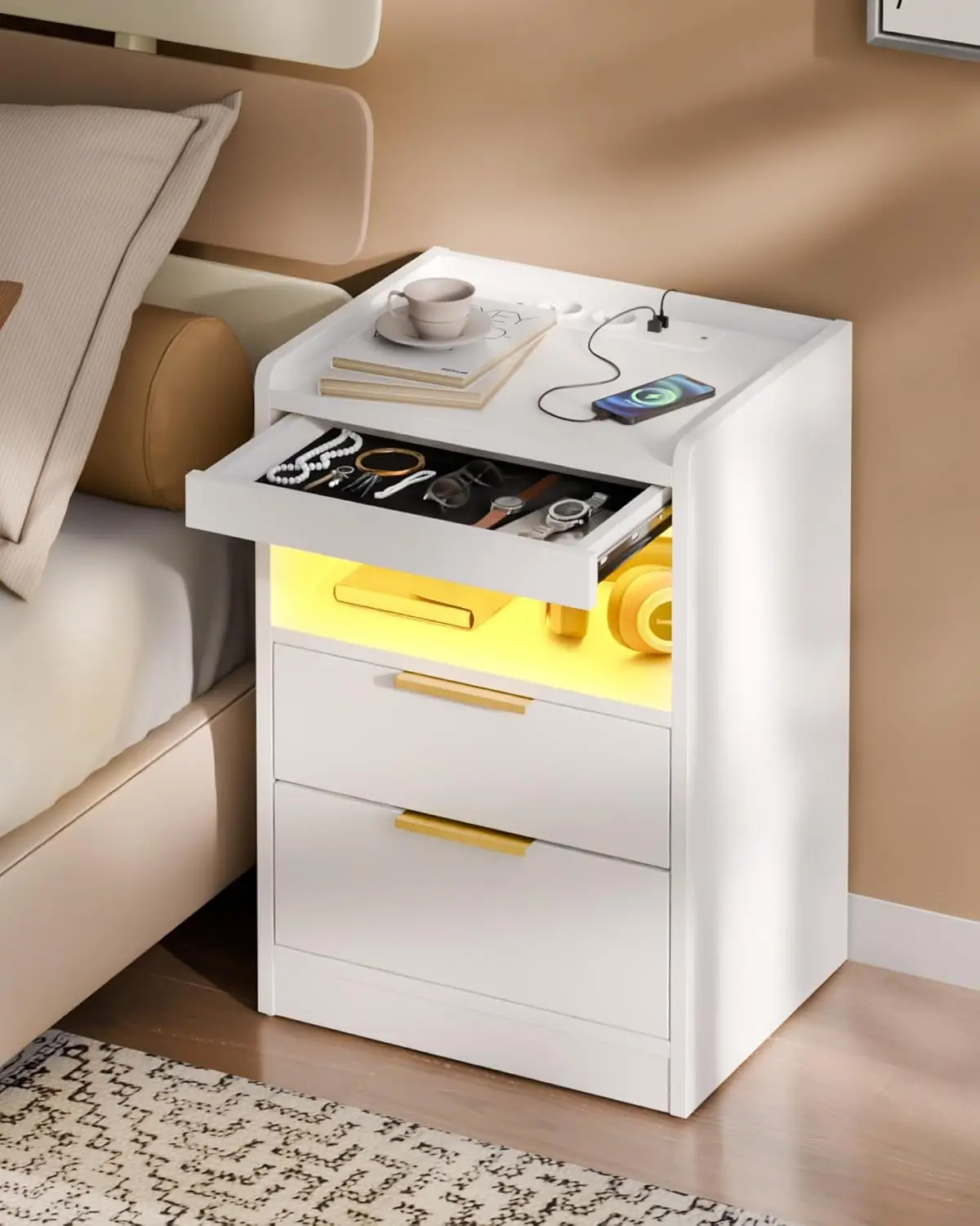 

Night Stand With Hidden Compartment, White LED Nightstand With USB/Type-C Charging Station, Modern Bedside Table, Customized