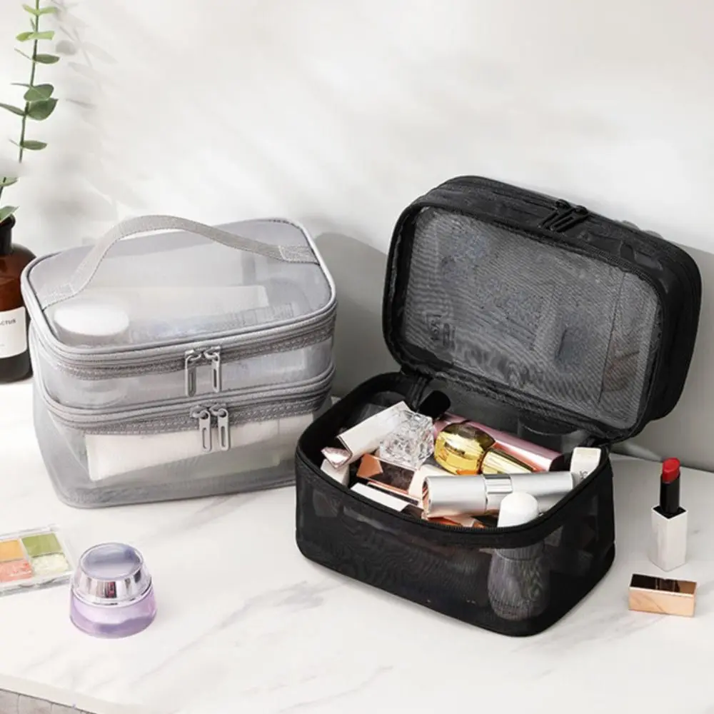 Fashion Double-layers Makeup Handbag Large-Capacity Mesh Makeup Case Organizer Storage Pouch Cosmetics Storage Bag Travel