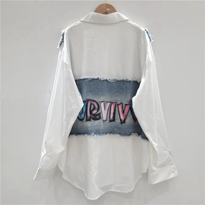 2025 Autumn New Korean Fashion Loose Turn-Down Collar Long Sleeve Shirt for Women Design Sense Denim Patchwork Cartoon Shirt