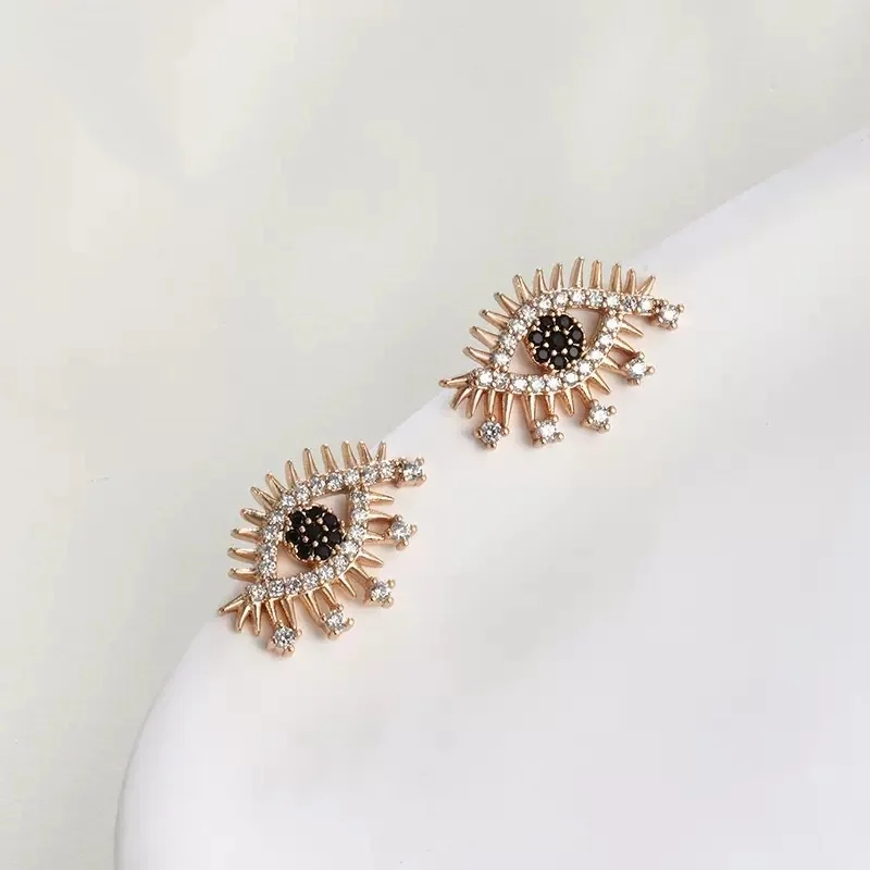 Dark Evil Eye Stud Earrings S925 Post | Black Zircon Paved Statement Jewelry | Gold Tone Gothic Aesthetic Gift