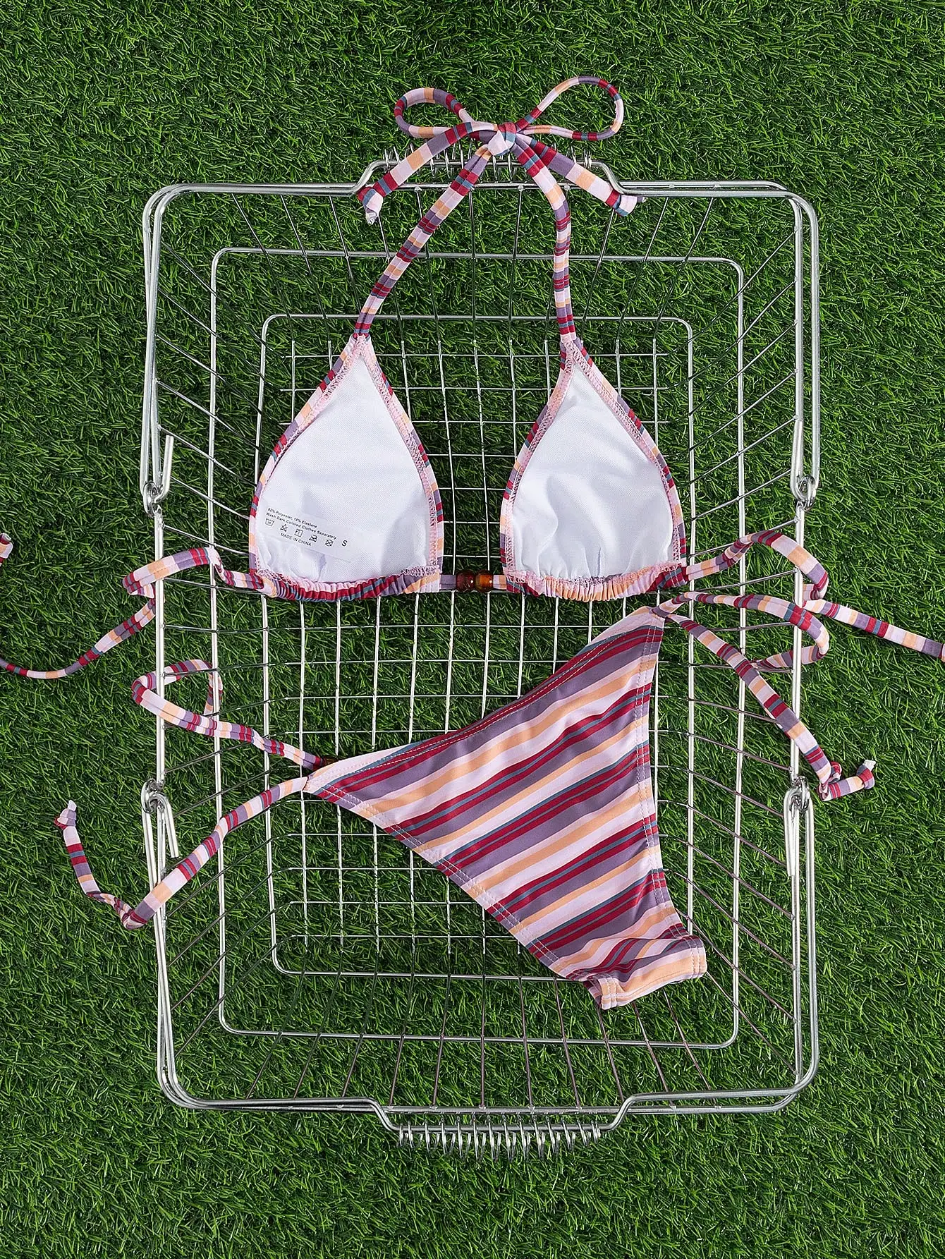 

Stylish Halter Neck Tie-Up Striped Bikini Set For Women Triangle Top Bottom Beach Summer