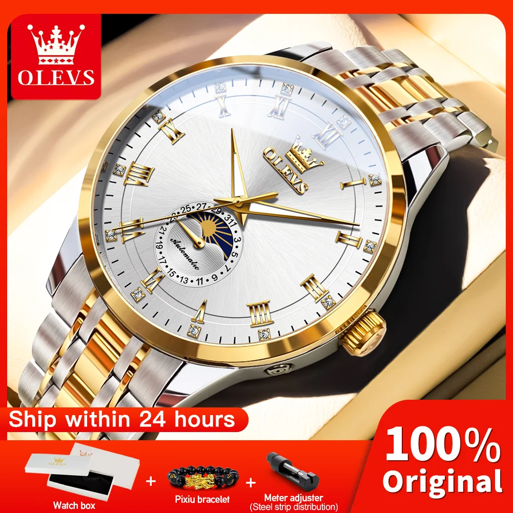 OLEVS 7063 Mens Watch Luxury Original Moon Phase Automatic Mechanical Watch Waterproof Watch For Men Gifts Genuine Product Reloj