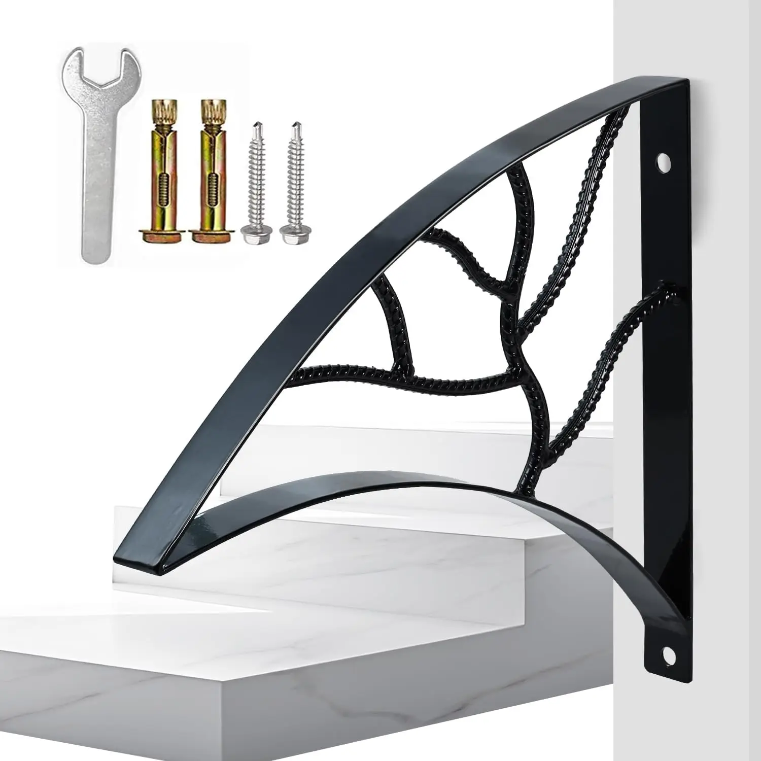 

Wrought Iron Handrail for Outdoor Steps, Single Post Railing with Wall Mount Bracket, Black Finish, 18.1"X16.1"