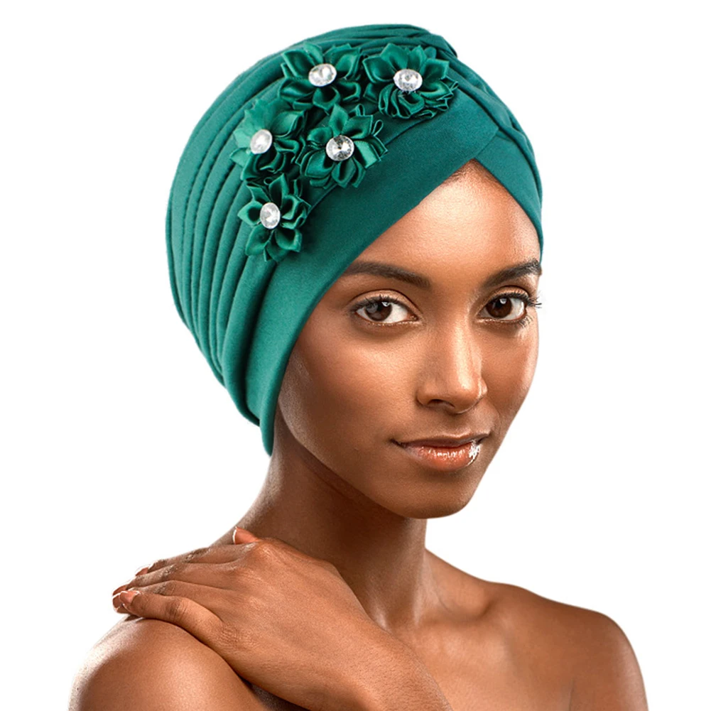 Women Turban National Style Muslim Hijabs Diamond Flower Beanie Elastic Head Wrap Cap Chemo Headwear Accessories