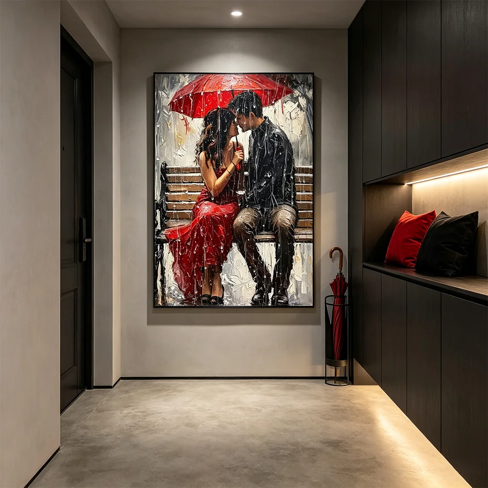 Canvas Wall Art Oil Painting Poster, Couples Holding Umbrellas in The Rain Unframed Print Picture Home Bedroom Wall Decor