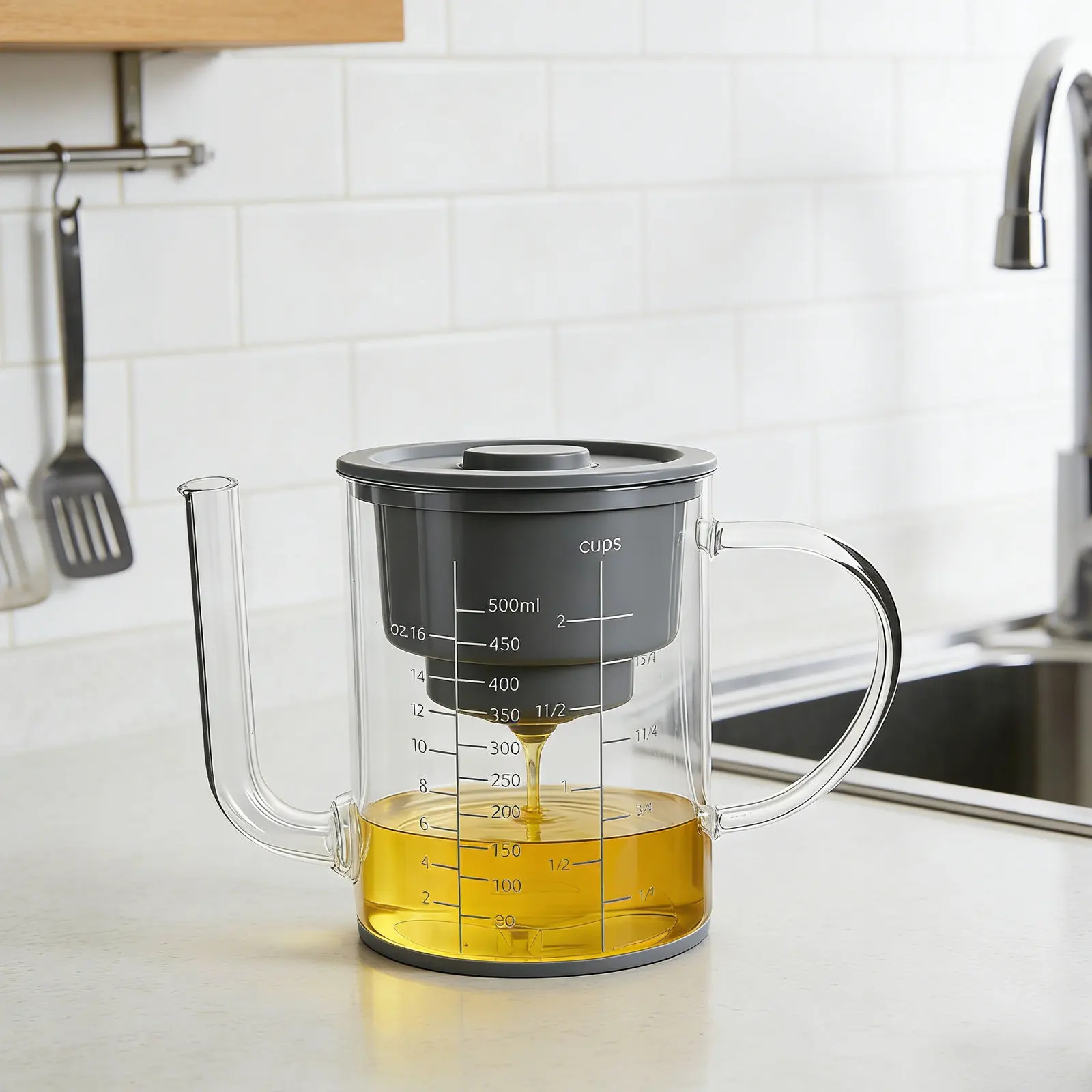Separador de Grasa de Vidrio de 2 Tazas (500 ml, 17 oz) con Marcas de Escala, Boquilla Larga y Resistente al Calor para Cocción de Caldos y Salsas