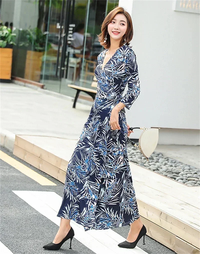 Sukienki letnie dla kobiet Floral Print Wrap Maxi Dress Split V Neck Holiday Beach платье Robe Femme vestidos elegantes para mujer