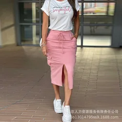 2024 Spring Summer New Women's Clothing Letter Print Casual Top Solid Color Pocket Stitching Drawstring Split Skirt Suit Clothes