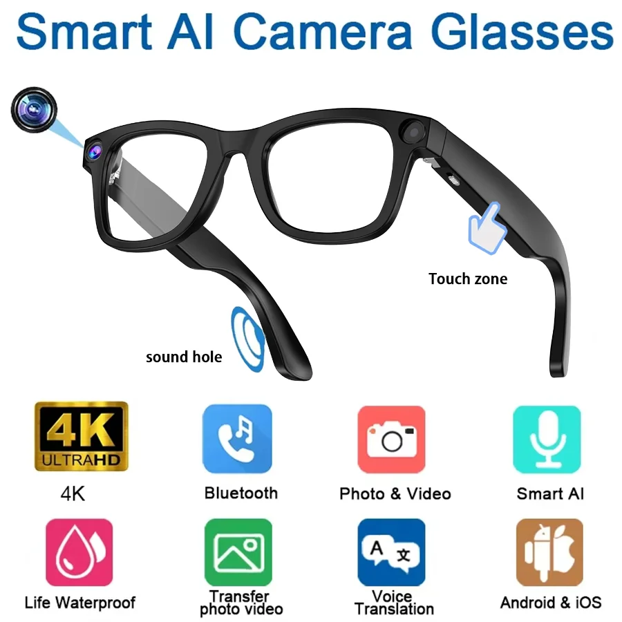 

2025 Newest AI Smart Glasses 1080P HD Anti-Shake Camera Real-Time Translation AI Photo Recognition IP65 Waterproof