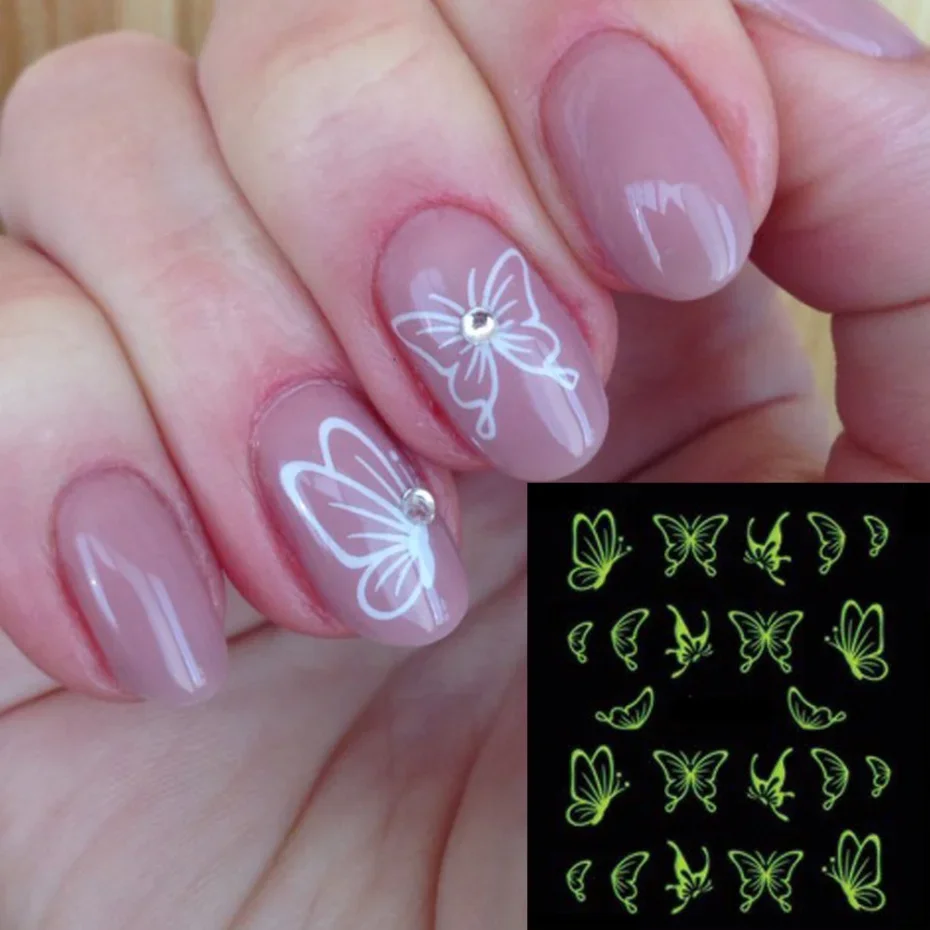 1sheet Luminous Butterfly Bow Glitter Nail Art Stickers TRDG-007