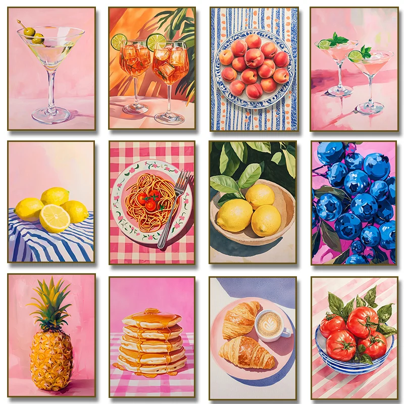 Póster artístico de comida a la moda, Pasta, fruta, piña, oliva, cóctel, limón, Bar, lienzo, pintura, impresiones de pared, imagen, decoración del hogar para sala de estar