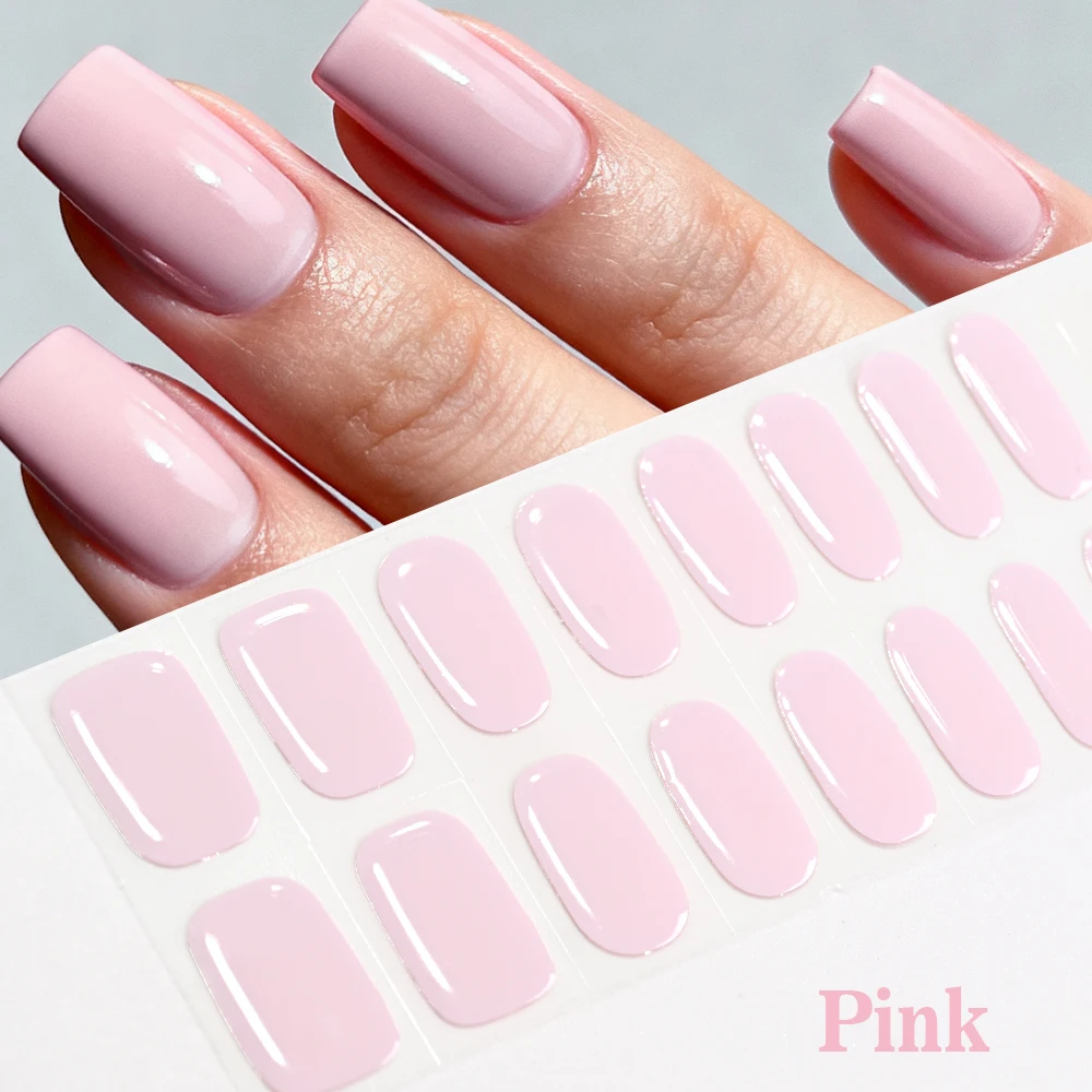 16tips Pure Pink Gel Semi-Cured Nail Stickers Quick Shaping Long Lasting Self-Adhesive Full Nail Wraps UV Lamp Need Nail Strips
