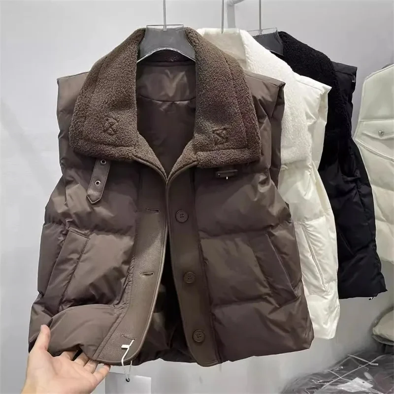 

Fashion Cotton-Padded Jacket Women's Parkas Vest Coat 2025 Autumn Winter New Sleeveless Jacket Lamb Fur Collar Waistcoat Ladies